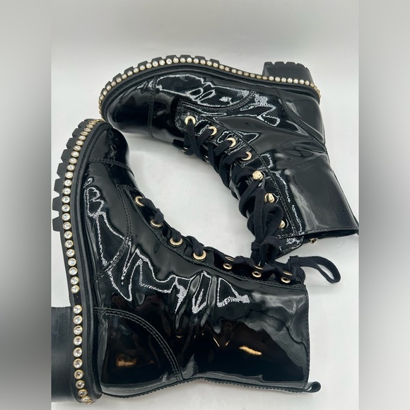 Schutz “Andorra” Black Patent Leather Laced Up Combat Boots W/ Rhinestones SZ 8 - Picture 13 of 14